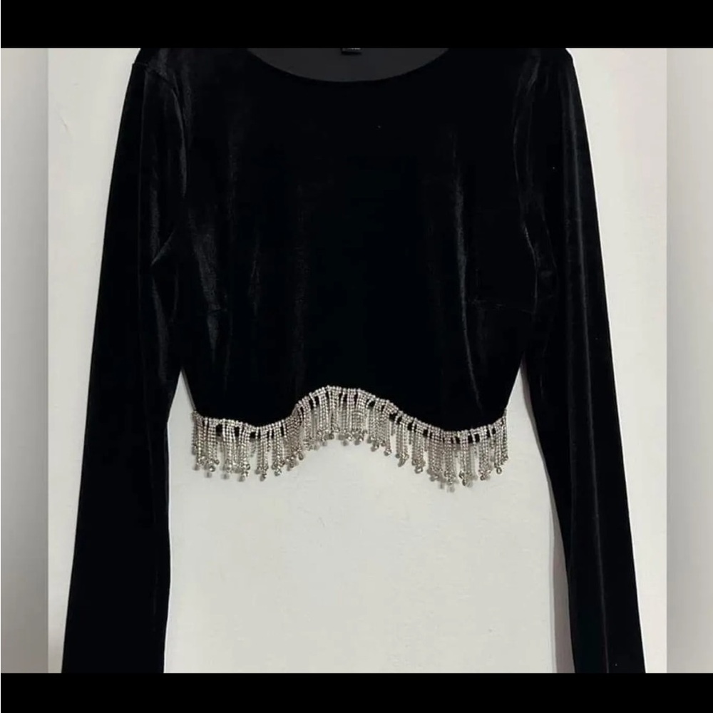 Windsor Black Velvet Top with Silver Rhinestone Fringe